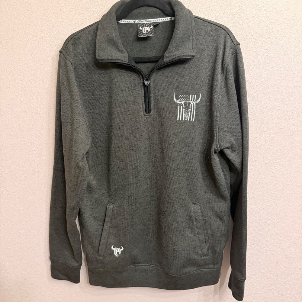 Cowboy Hardware Mens Quarter Zip Fleece Pullover Grey Steer Skull Flag Small